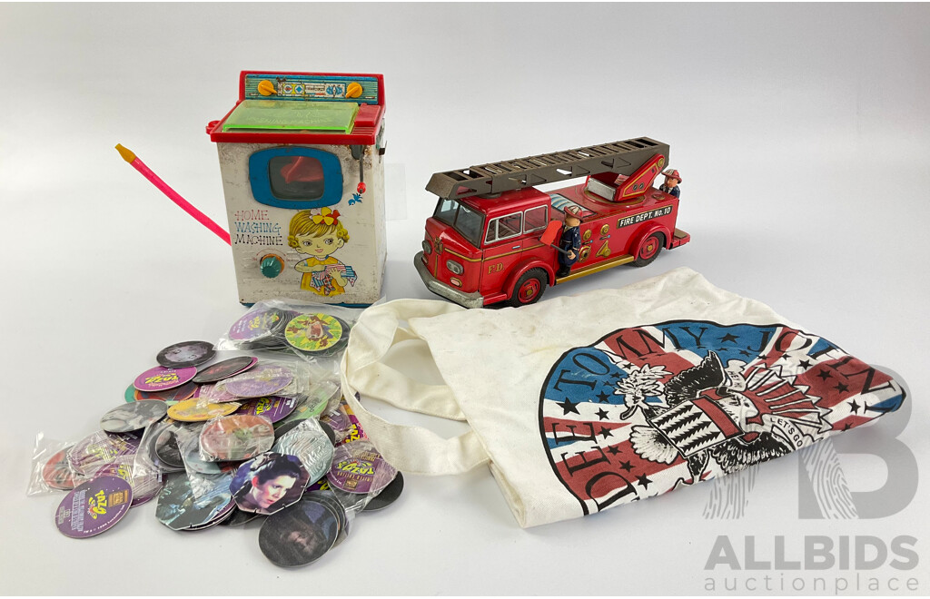 Vintage Pressed Steel T.N Toys Battery Operated Fire Engine, Yonezawa Clock Work Home Washing Machine, Both Made in Japan with Tazos and Ramones Cloth Bag