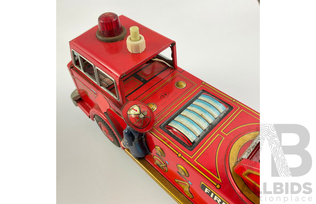 Vintage Pressed Steel T.N Toys Battery Operated Fire Engine, Yonezawa Clock Work Home Washing Machine, Both Made in Japan with Tazos and Ramones Cloth Bag