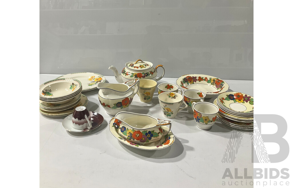 Antique 17 Piece Grindley English Porcelain Tea Set in Sheraton Ivory Pattern Along with 14 Pieces Myott Nastrurtium Pattern Porcelain