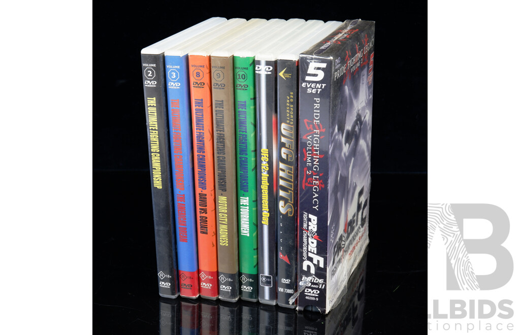 Collection Early Ultimate Fighting Championship DVDs Including Numbers 2, 3, 8, 9, 10, 12 Along with UFC Hits Volume 1 & Pride Fighting Legacy Volumes 2