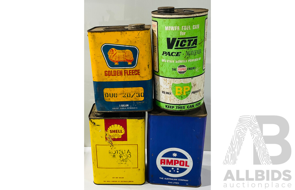 Vintage Australian Garageinalia Tins Comprising Ampol, Golden Fleec, Shell & Victa