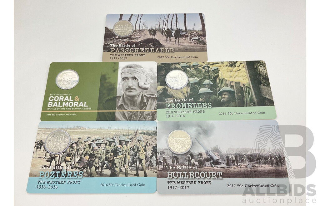 Five Australian RAM Western Front Commemorative Fifty Cent Coins, 2018 50th Anniversary Coral & Balmoral, 2016 Battle of Pozieres, 2017 Battle of Bullecourt, 2016 Fromelles, 2017 Battle of Passchendaele