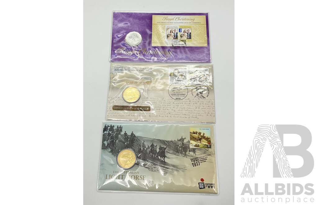 Australian Limited Edition Postal and Numismatic Covers 2014 Royal Christening and 2013 Ludwig Leichhardt Australia/Germany Joint Issue, 2017 Australian Light Horse