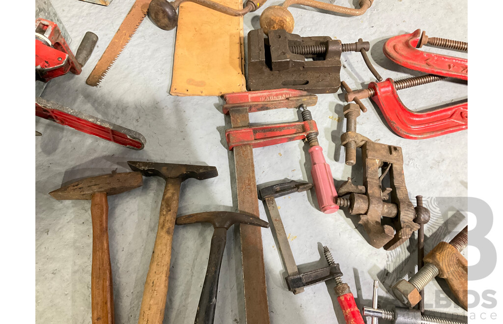 Two Galvinised Steel Tool Boxes with Industrial Imperial Spanners, Vintage Brace Drills and Auger Bits, 'G' and 'F' Clamps, Bench and Drill Vices, Hammers, Industrial Bench Clamp Tin Opener and More