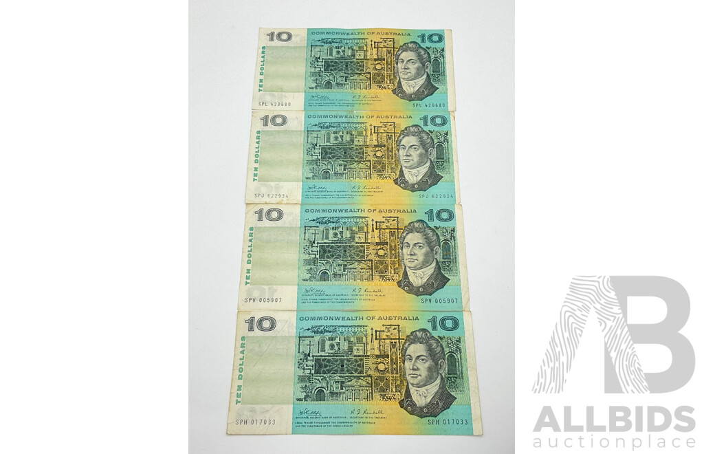 Four Australian 1968 Ten Dollar Notes, Phillips/Randall SPJ, SPV, SPL, SPH