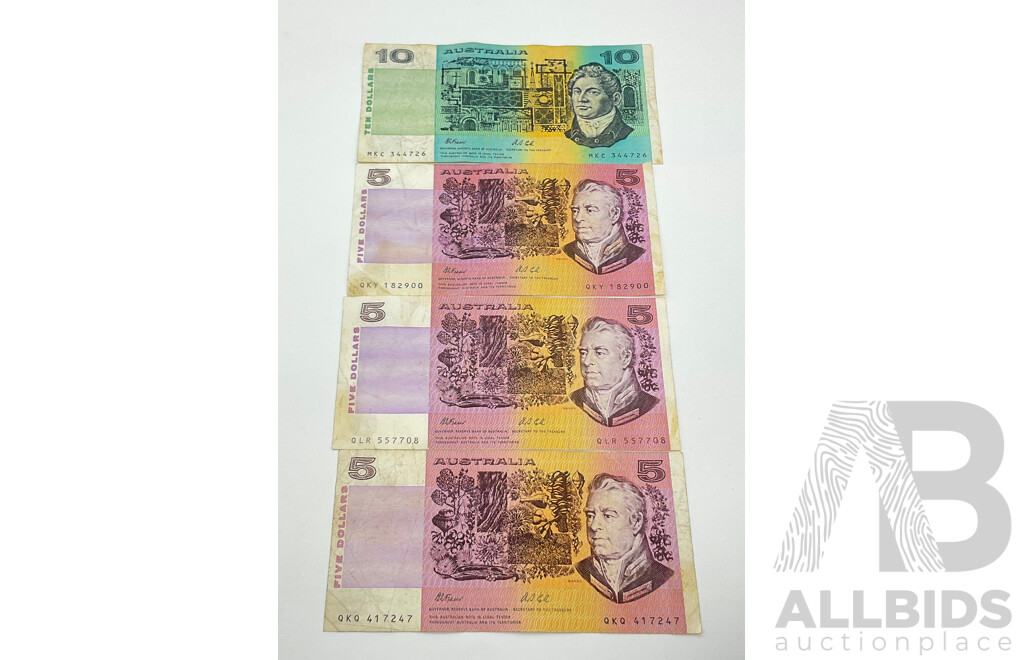 Four Australian 1991 Fraser/Cole Paper Bank Notes, Ten Dollars MKC, Five Dollars QKQ, QLR, QKY