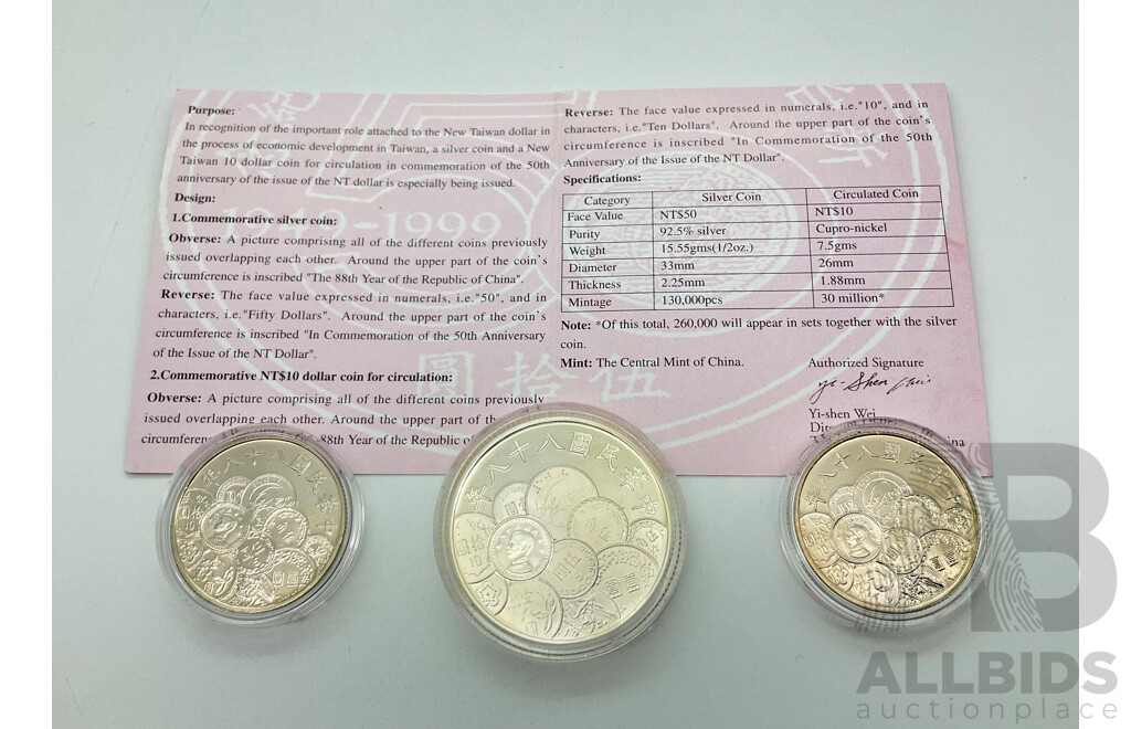 Taiwan 1999 Fifty Dollar and Ten(2) Dollar Silver Coins .925 - 50th Anniversary of the New Taiwan Dollar