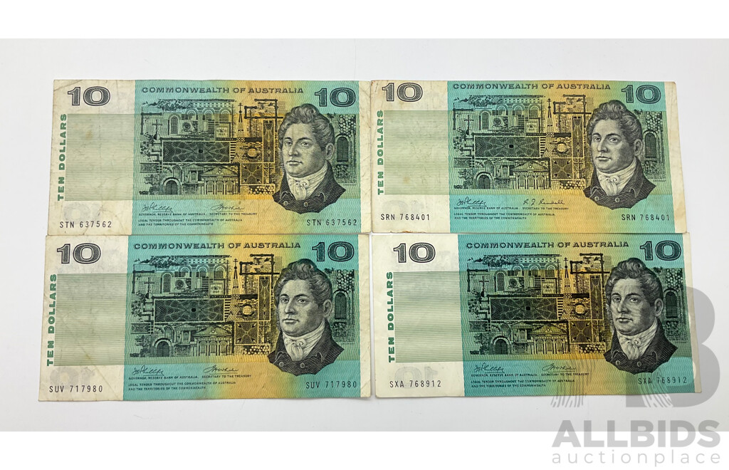 Four Australian 1968 Ten Dollar Paper Banknotes, Phillips/Wheeler, SXA, STN, SUV, SRN