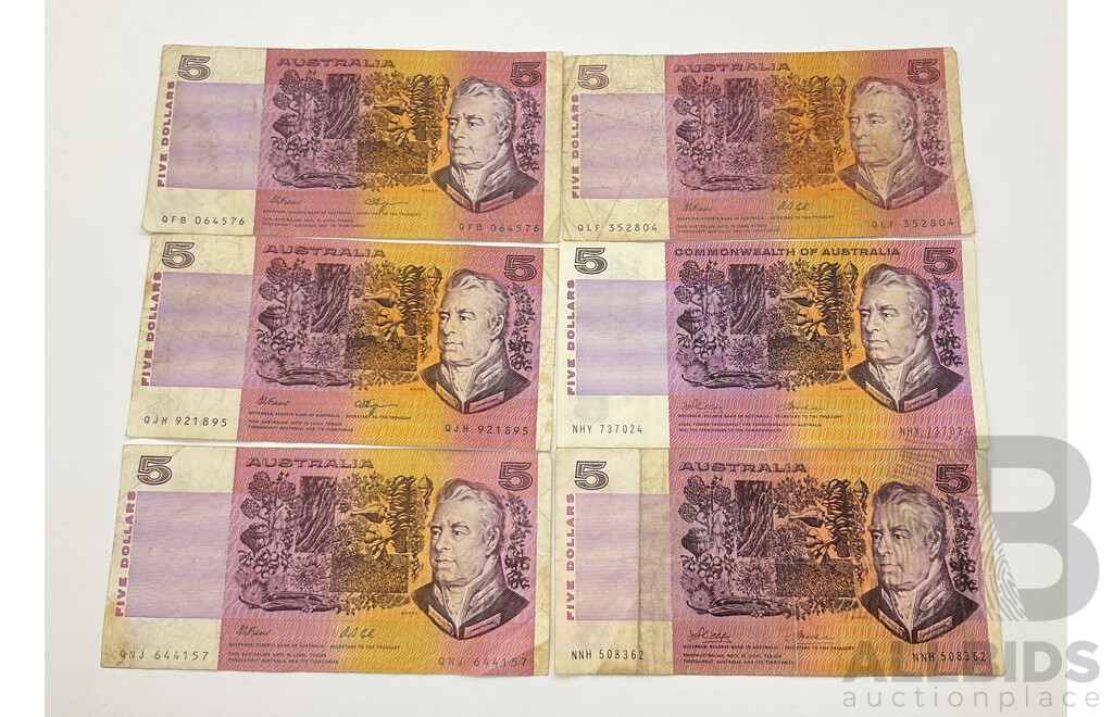 Six Australian Five Dollar Paper Banknotes 1972 COA Phillips/Wheeler NHY, 1974 Phillips/Wheeler NNH, 1990 Fraser/Higgins QJH, QFB and 1991 Fraser/Cole QNJ, QLF
