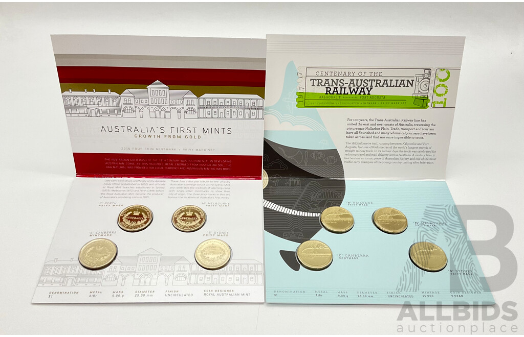 Australian 2017 One Dollar Trans-Australian Railway Coin Set and 2016 One Dollar Australia's First Mints Four Coin Set