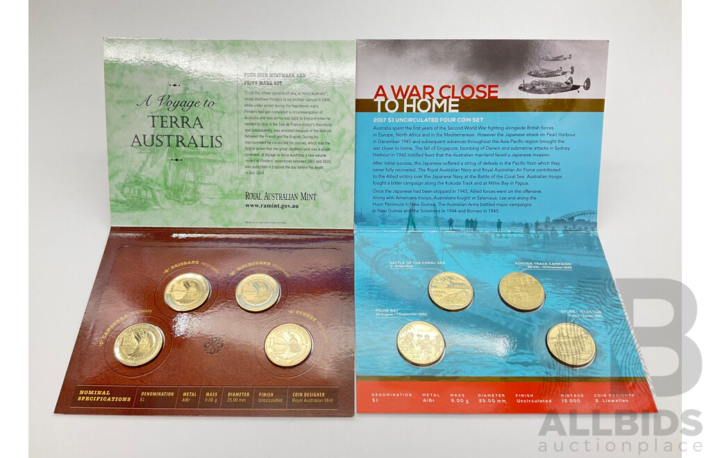 Australian 2017 One Dollar 'a War Close to Home' Four Coin Set and 2017 One Dollar 'a Voyge to Terra Australis' Four Coin Set