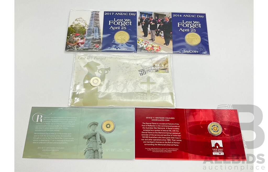 Collection of Five Australian Commemorative Coins Including 2017 Two Dollar Remembrance Day, 2018 Two Dollar 'C' Lest We Forget, 2017 Two Dollar PNC Lest We Forget, 2014 and 2017 One Dollar Lest We Forget