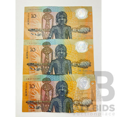 Three Australian 1988 Commemorative Ten Dollar Notes, AB Prefix