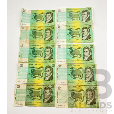 Ten Australian Two Dollar Notes Including Two COA, 1967 Coombs/Randall and 1968 Phillips/Randall with Seven 1985 Johnston/Fraser Notes and 1983 Johnston/Stone