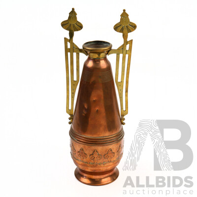 Antique Art Nouveau Copper Vase with Brass Handles with Poppy Themed Handles
