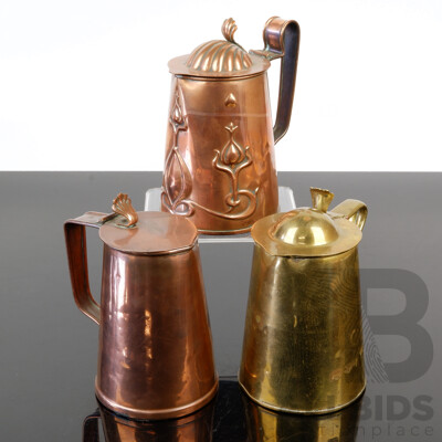 Three Antique Art Nouveau Lidded One Pint Tankards by Joseph Sankey & Sons, London Comprising One Brass & Two Copper Examples