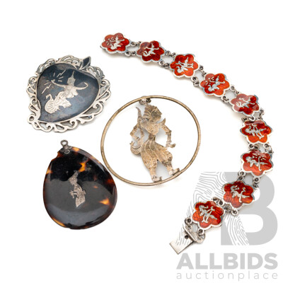 Vintage Siam Silver Jewellery Collection Including Brooch, Pendants and Bracelet