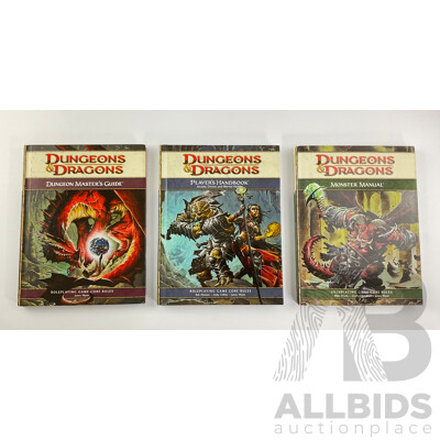 Collection Three Retro Dungeons & Dragons Books Comprising Dungeon Masters Guide, Players Handbook, Monster Manual, 2008