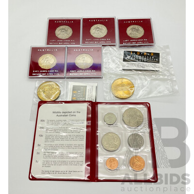 Australian RAM 1980 UNC Coin Set with 1988 Commemorative Five Dollar Coins(2) with Five 1970 Fifty Cent Coins, Captain Cook