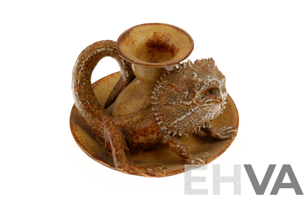 Vintage Australian Hellfire Pottery Candle Holder in Frill Necked Lizard Theme