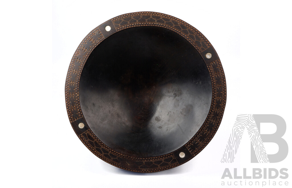 Vintage Fijian Hand Carved Kava Bowl with Incised Detail and Mother of Pearl Inlay