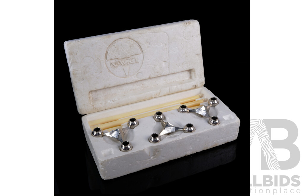 Fantastic Set Three Stoff Nagel West German S22 Chrome Candle Holders Along with Nine Candles in Original Box