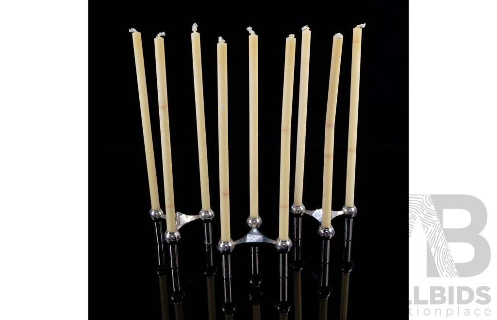 Fantastic Set Three Stoff Nagel West German S22 Chrome Candle Holders Along with Nine Candles in Original Box