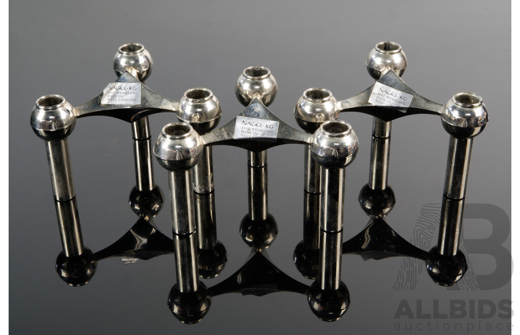 Fantastic Set Three Stoff Nagel West German S22 Chrome Candle Holders Along with Nine Candles in Original Box