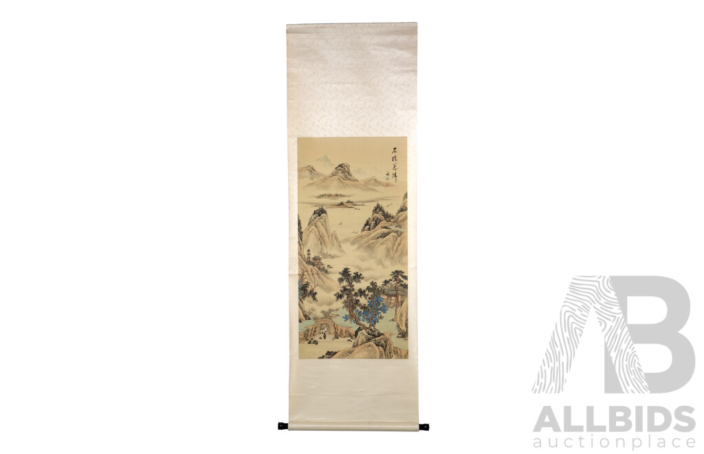 Handpainted Vintage Chinese Scroll Painting, Mountain Scene with Boats, Ink and Wash on Silk, 177 X 68 Cm (scroll)