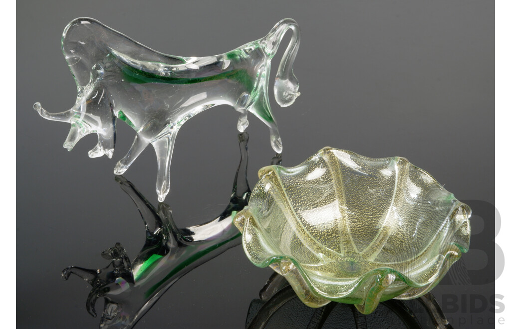 Mid Century Murano Glass Bull Figurine Along with Art Glass Dish with Aventurine Inclusions