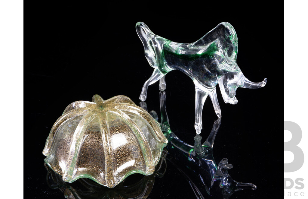 Mid Century Murano Glass Bull Figurine Along with Art Glass Dish with Aventurine Inclusions