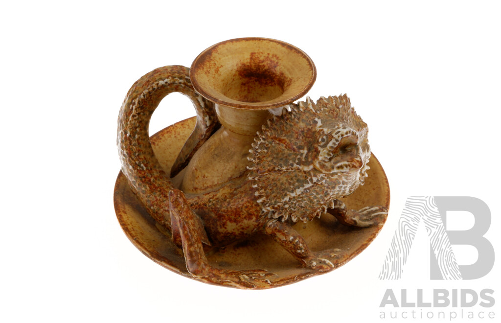 Vintage Australian Hellfire Pottery Candle Holder in Frill Necked Lizard Theme