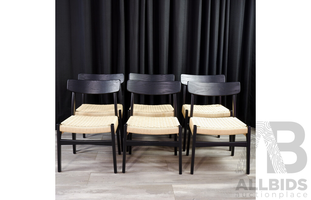 Set of Six Contemporary Timber Dining Chairs with Rush Seats