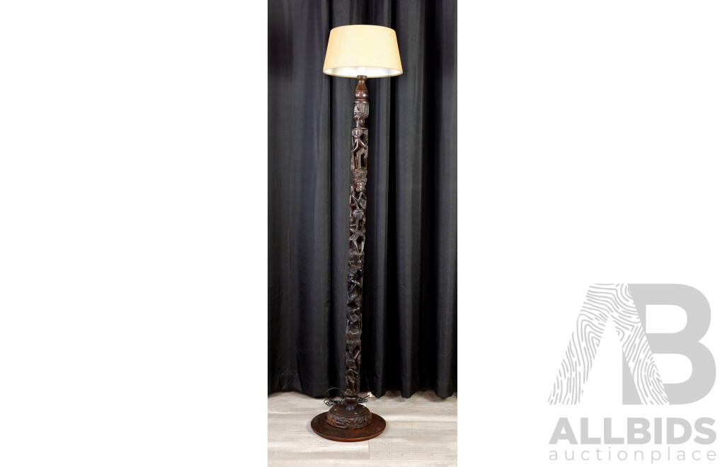 African Carved Figural Ebony Floor Lamp with Shade