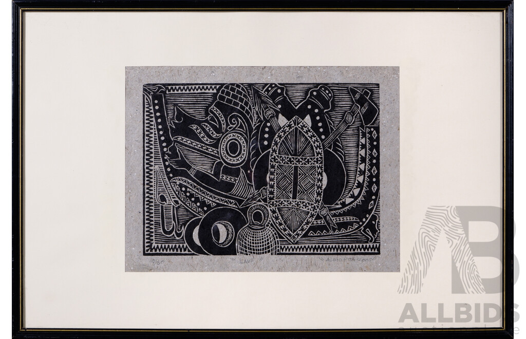 Aldio Pita (Contemporary, Solomon Islands), "Lave", Original Linocut, 21 x 28.5 cm (image)