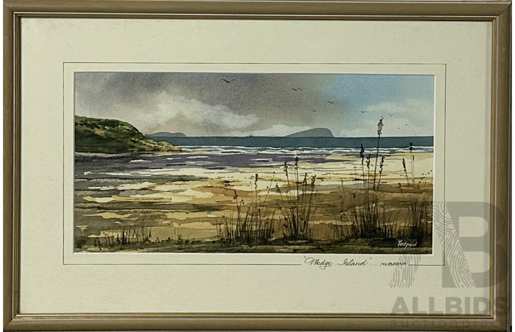 Ted Pool, (Contemporary, Australian -Tasmanian), 'Wedge Island', Nubeena, Watercolour on Card, 31 X 47 Cm (frame)