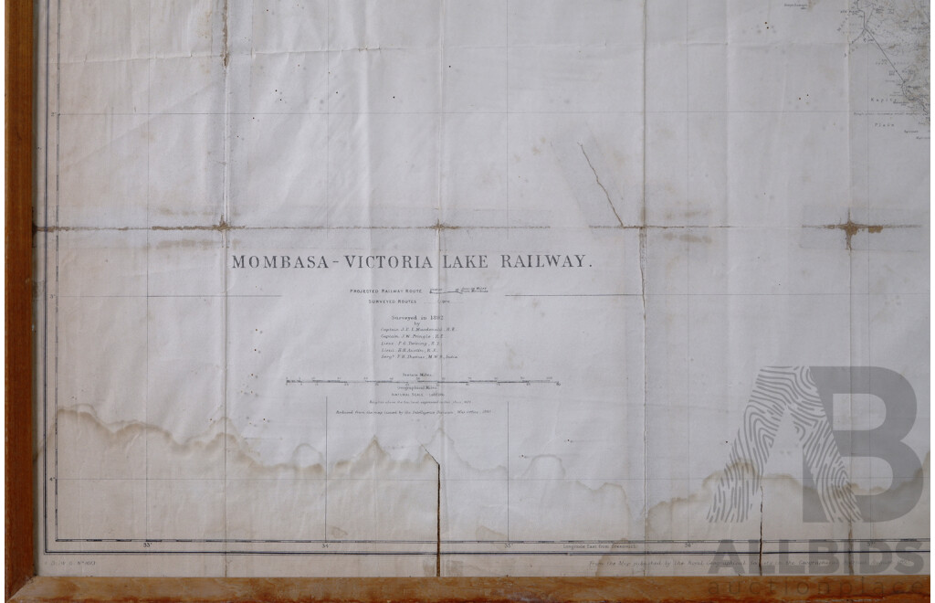 Vintage Map of Mombasa - Victoria Lake Railway, From The Map Published by Royal Geographical Society In Geographical Journal August 1893, 66 x 87 cm (frame)