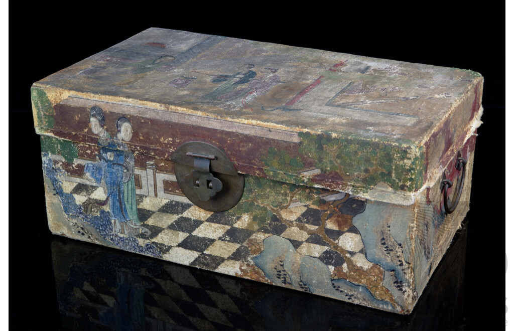 Antique Chinese Artwork Painted Leather Clad Box, for Restoration