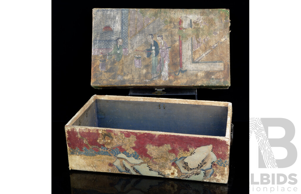 Antique Chinese Artwork Painted Leather Clad Box, for Restoration