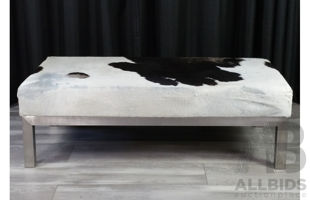 Large Modern Metal Based Ottoman with Cow Hide Upholstery