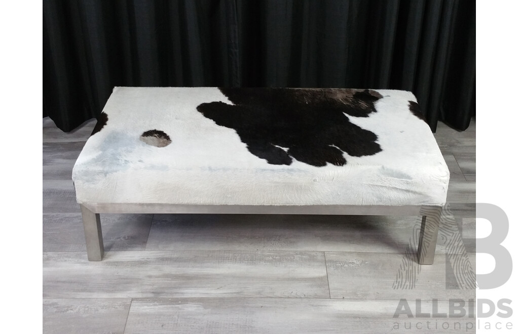 Large Modern Metal Based Ottoman with Cow Hide Upholstery