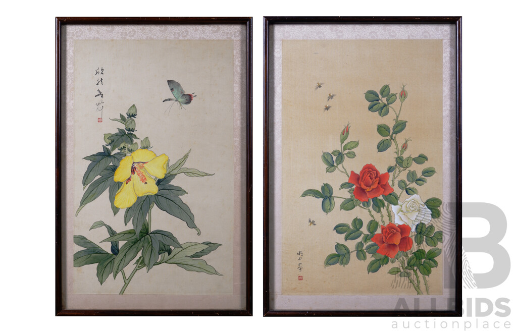 Pair of Vintage Chinese Floral Paintings on Silk Panel, 47 x 31 cm (frames) (2)