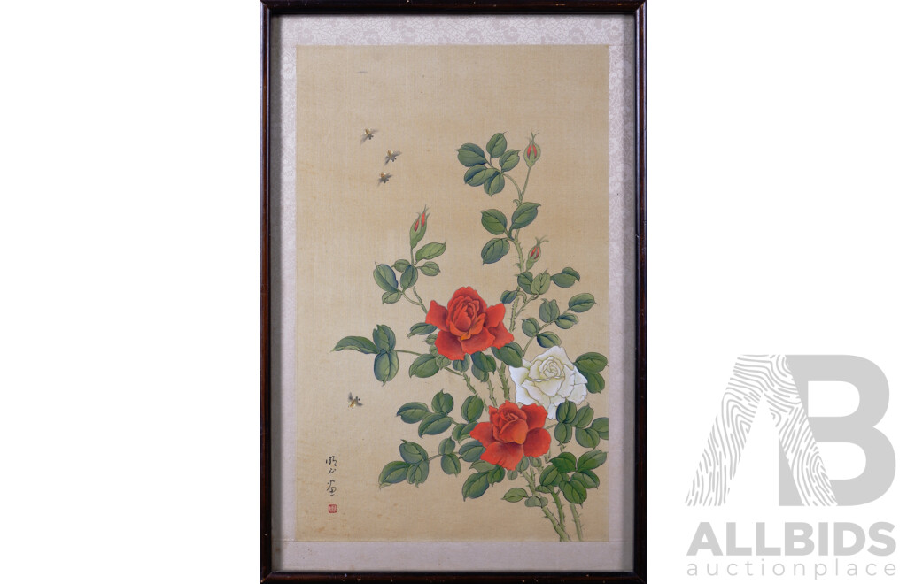 Pair of Vintage Chinese Floral Paintings on Silk Panel, 47 x 31 cm (frames) (2)