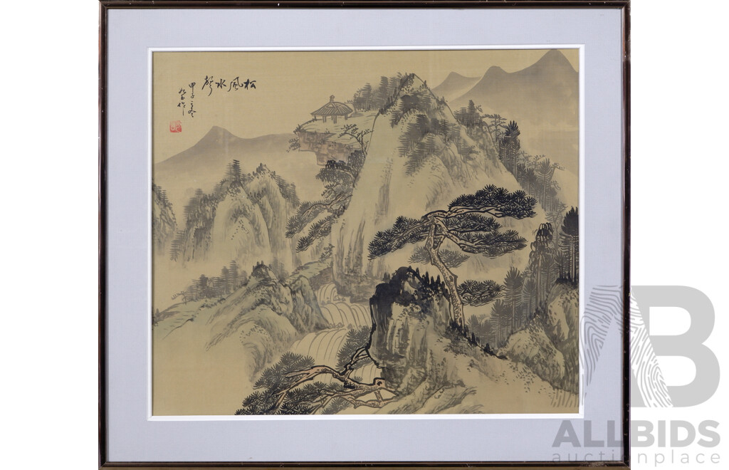 Chinese School, (Date Unknown), Mountainscape,  Vintage Ink and Wash on Silk, Stamped Upper Left, 50 x 58 cm (frame)