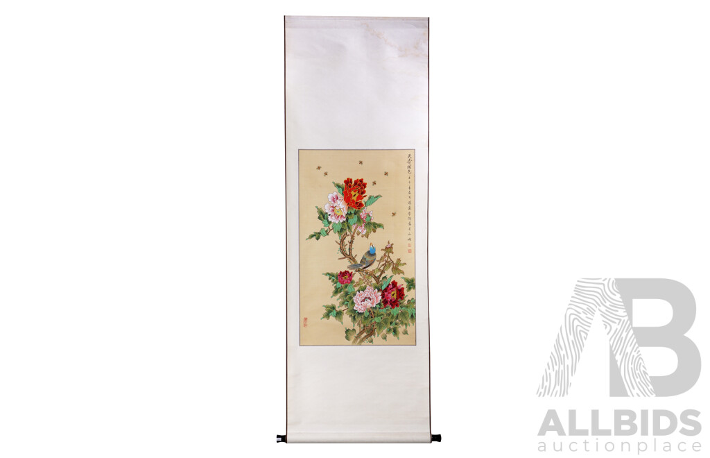 Chinese School, Bluebird with Peonies and Bees, Vintage Watercolour and Ink on Paper Scroll, 179 x 61 cm (entire Scroll)