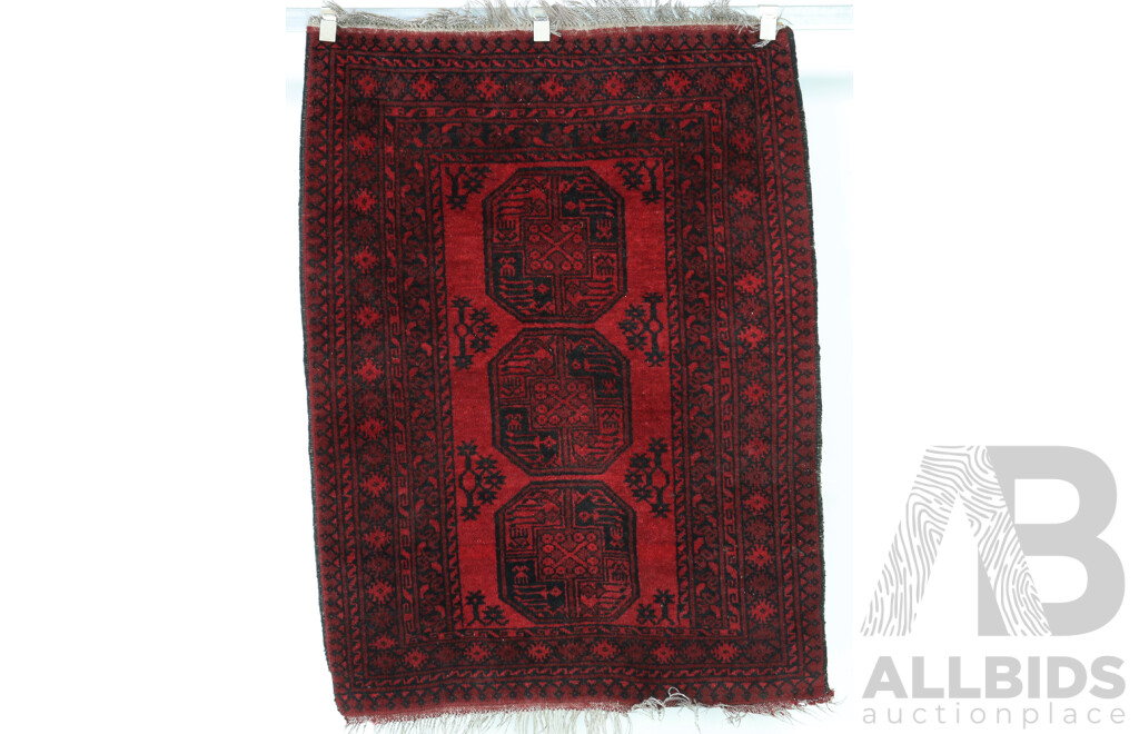 VIntage Hand Knotted Afghan Wool Rug with Madder Red Elephants Foot Design