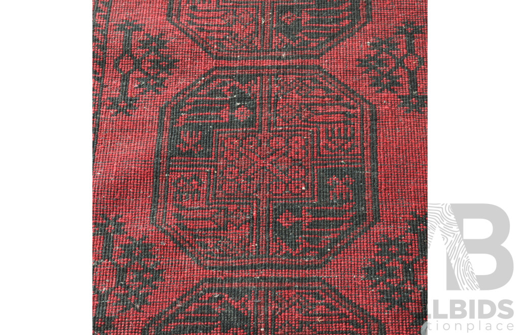 VIntage Hand Knotted Afghan Wool Rug with Madder Red Elephants Foot Design