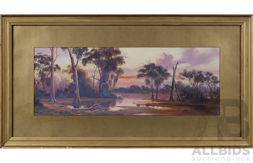 D George Bell, (Australian, Active C1890s-1920s), Landscape - Dusk Over the River, Oil on Board, 44 x 82 cm (frame)