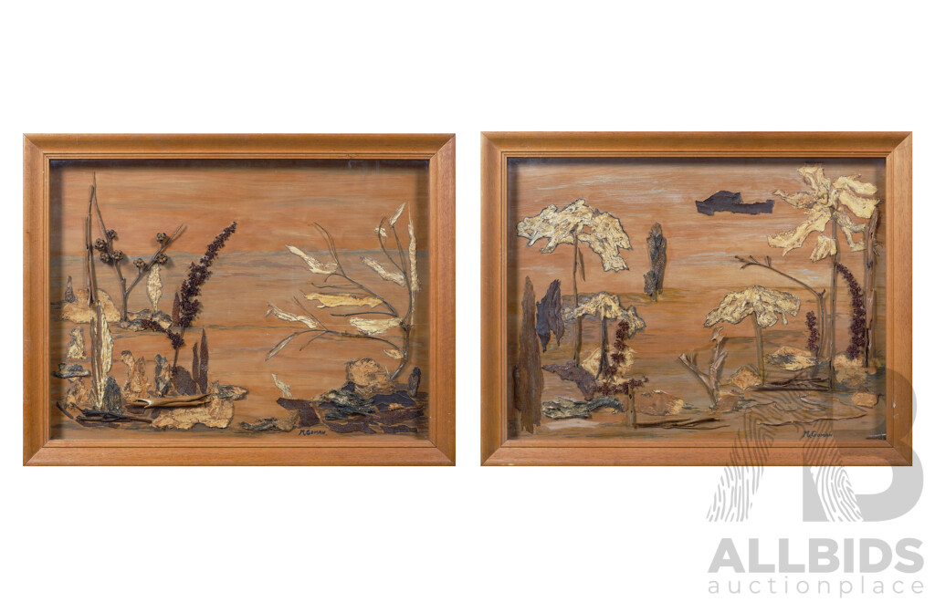 M Goman, (Date Unknown), Primitive Bush Landscapes I & II, Collage Bark and Other Natural Fibres, 44 x 59 cm (images) (2)