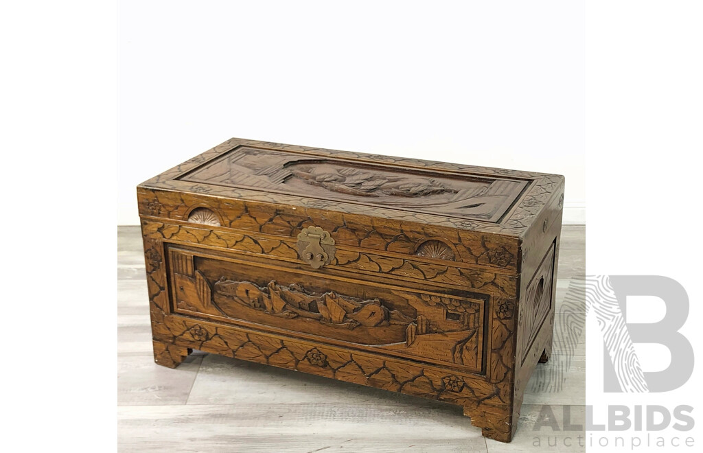 Vintage Carved Chinese Camphor Wood Trunk